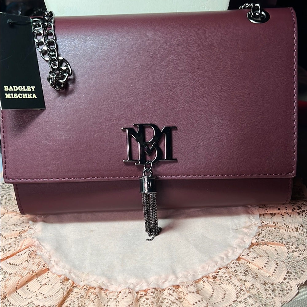 Badgley Mischka Bordeaux body with pewter Chain Shoulder Bag